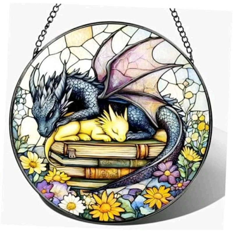Dream Catcher with Sleeping Dragon – Stained Glass Style Bookish Fantasy Decor