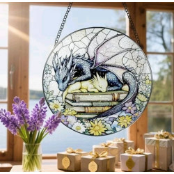 Dream Catcher with Sleeping Dragon – Stained Glass Style Bookish Fantasy Decor