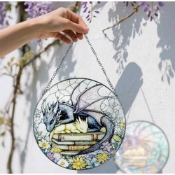 Dream Catcher with Sleeping Dragon – Stained Glass Style Bookish Fantasy Decor