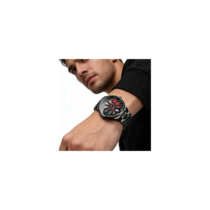 Mihawk Men's Rim Watch - 3D Rim Design Quartz Watch with Mineral Glass, Motorsport Style, Stainless Steel Bracelet
