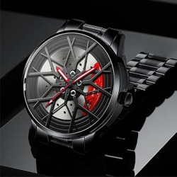 Mihawk Men's Rim Watch - 3D Rim Design Quartz Watch with Mineral Glass, Motorsport Style, Stainless Steel Bracelet