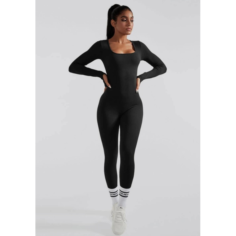 MOOSLOVER Solid Color Ribbed Long Sleeve Seamless Jumpsuit