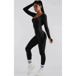 MOOSLOVER Solid Color Ribbed Long Sleeve Seamless Jumpsuit